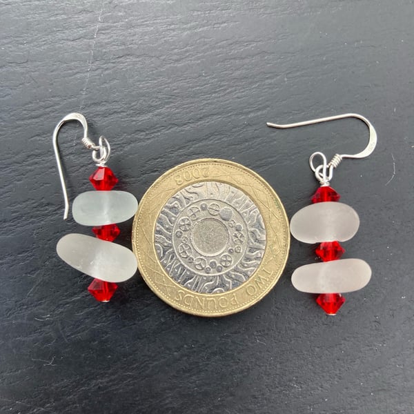 Sterling silver, seaglass & vintage red glass bead earrings