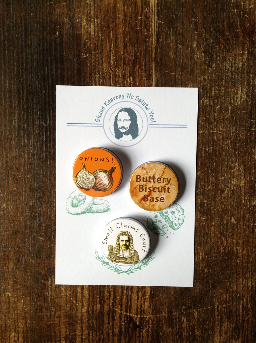 Shaun Keaveny Cartwall Badges, Onions, Small Claims Court, Biscuit, set 2