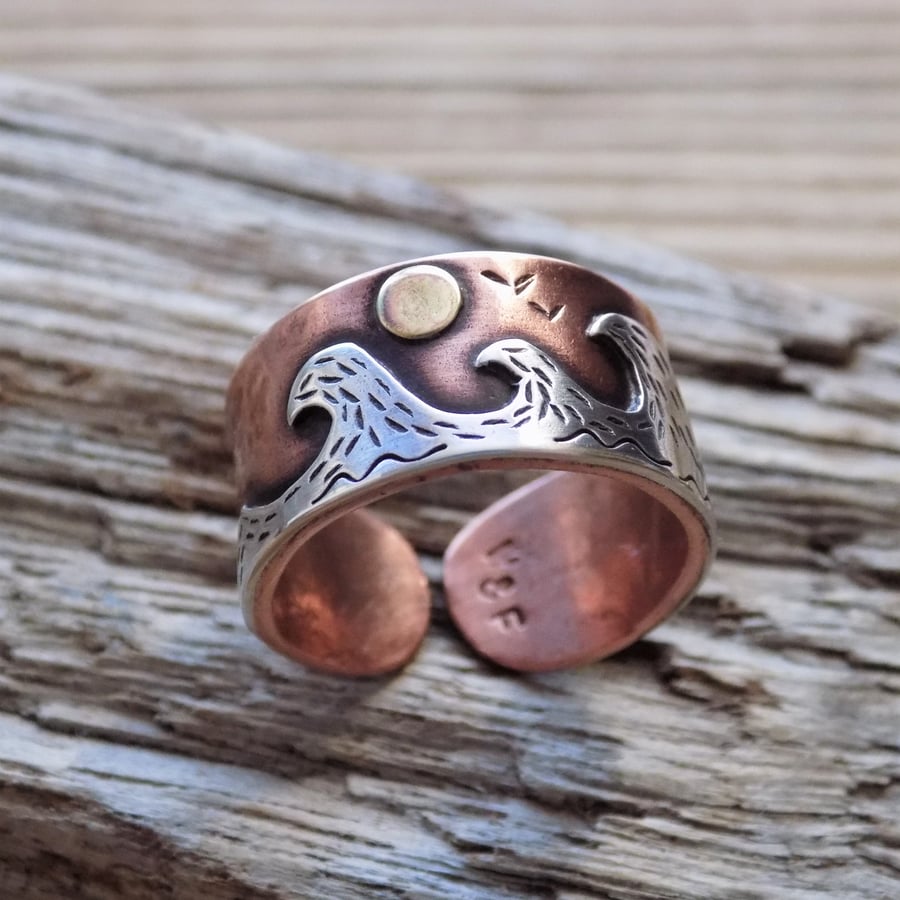Copper, silver and brass 'sun on the ocean waves' mixed metal ring 