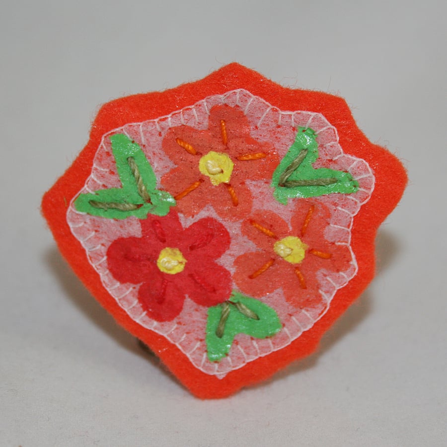Brooch Posy Orange and Red Painted, Stamped and Stitched 