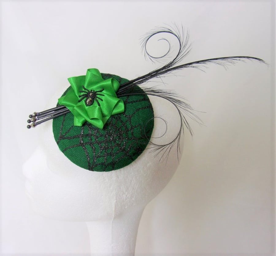 Emerald Green & Black Spooky Cobweb Spider Gothic Fascinator Headpiece