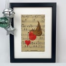 Original Watercolour Robin and Heart Painting on Vintage Music - Framed