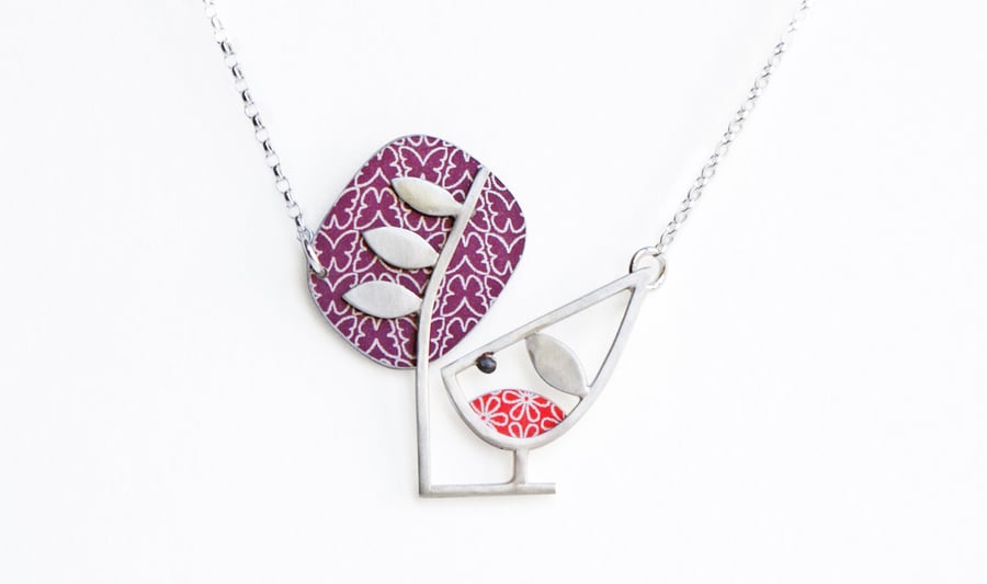 Robin and tree necklace dark red
