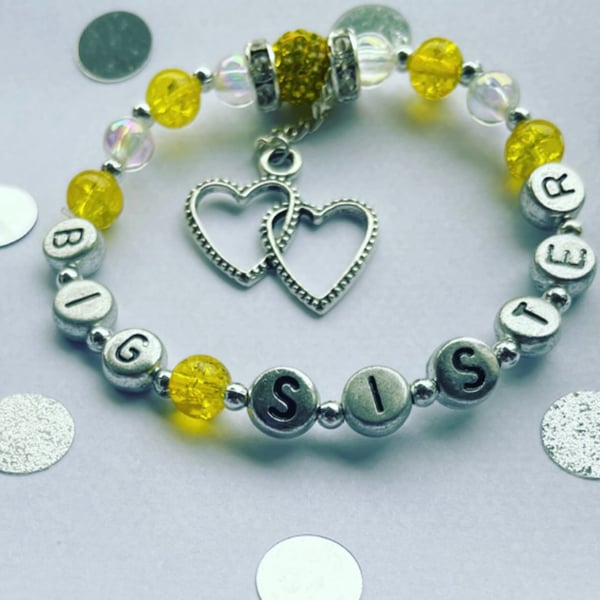 Yellow shamballa rhinestone beaded big sister bracelet gift for sister stretch 