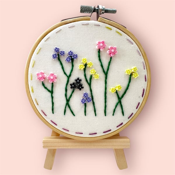 Embroidered hoop, spring flowers, beaded design, gift for all, home decor