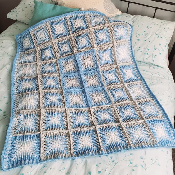 Blue tones patchwork blanket, crochet 