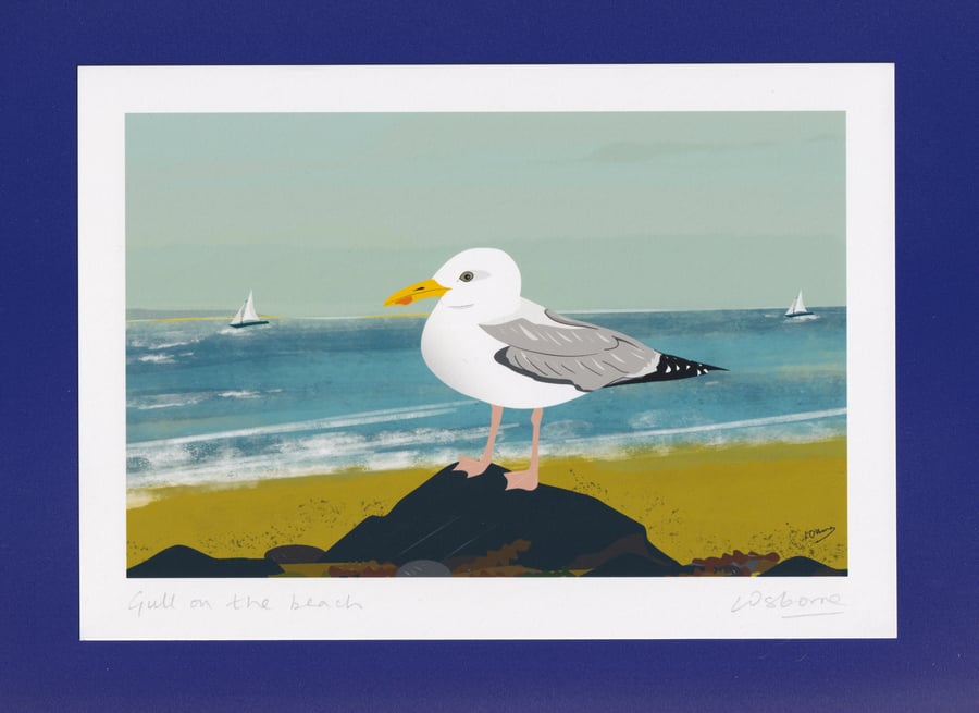 Gull on the beach - A5 - seagull -  bird art print - coastal birds