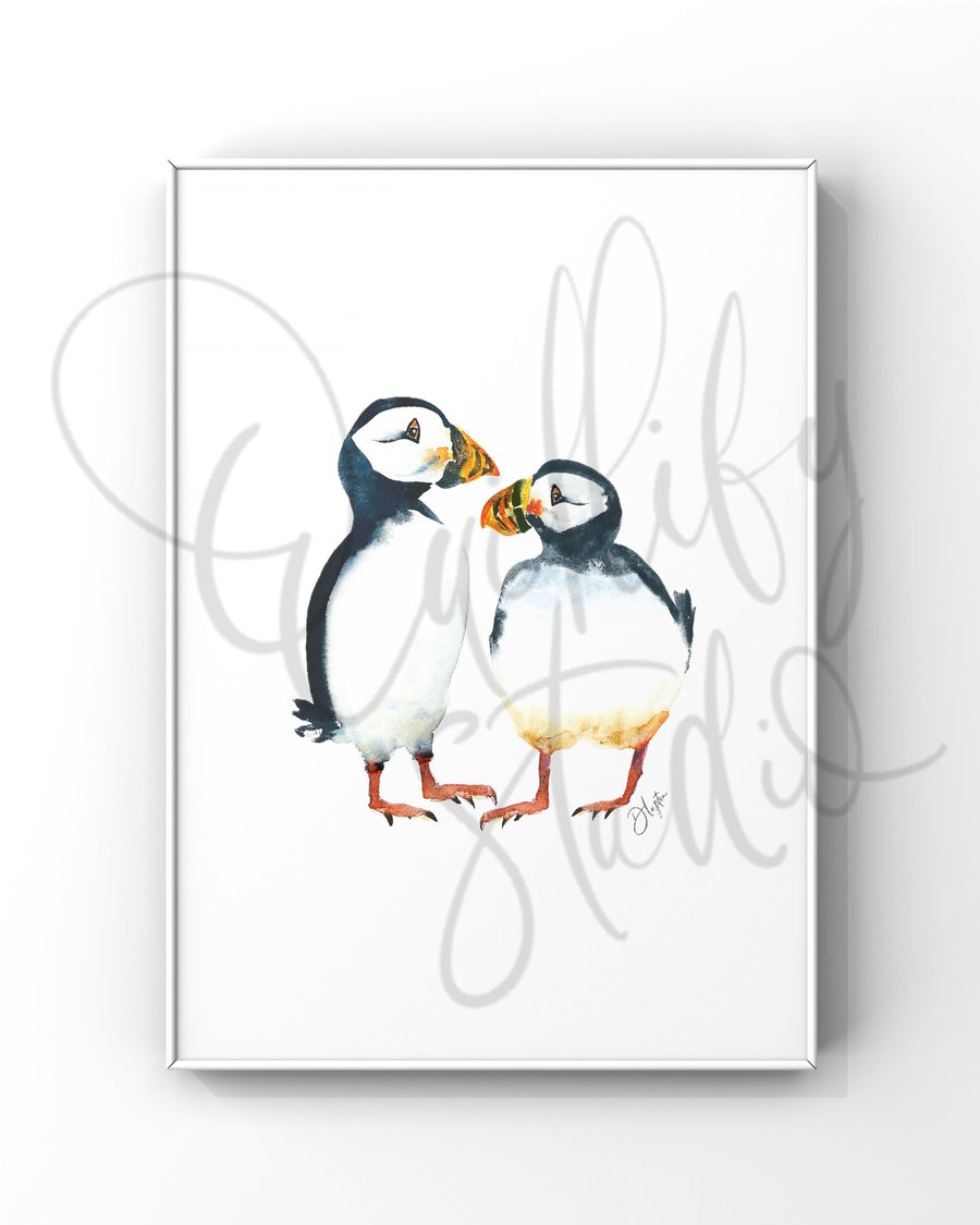 Perfectly Imperfect A4 Sample Print Watercolour Puffins Fluff and Puddle