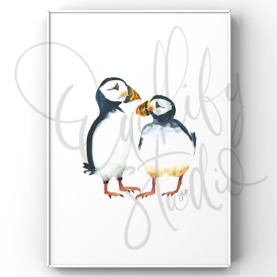 Watercolour Print Puffins Fluff and Puddle