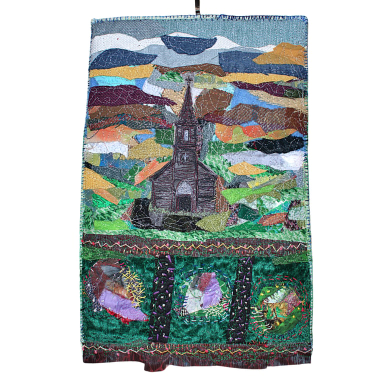 Textile artwork - old Scottish church - auld kirk - needlework - ready to hang