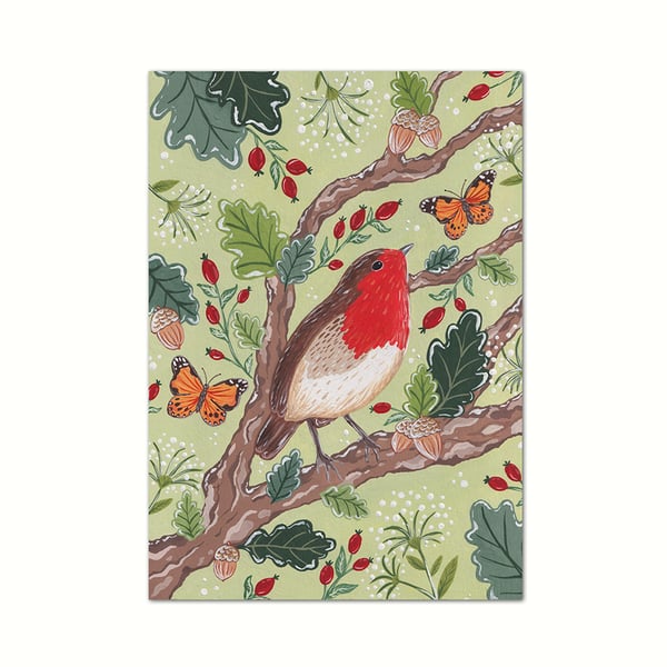 Robin and Oak Leaves Art Print