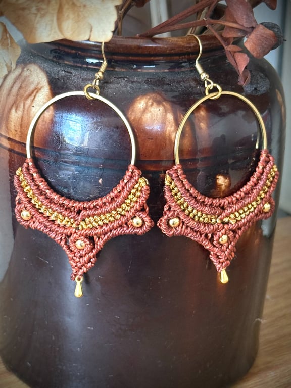 Boho brass hoop macrame earrings inc Free UK delivery (gold and brown)
