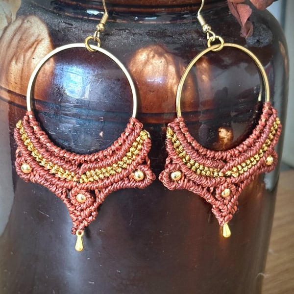 Boho brass hoop macrame earrings inc Free UK delivery (gold and brown)