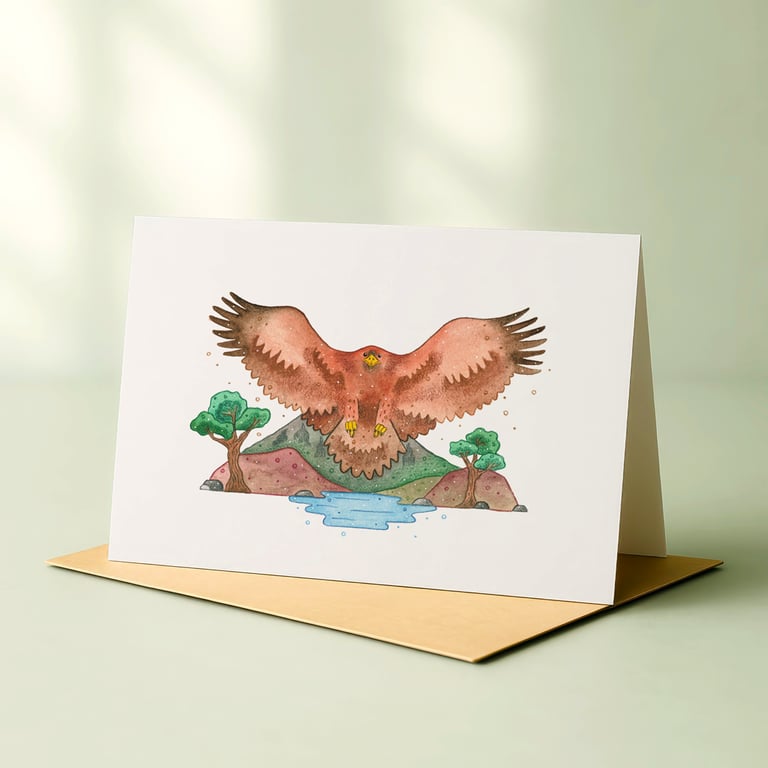Golden Eagle, A6 giclée greetings card with recycled brown envelope