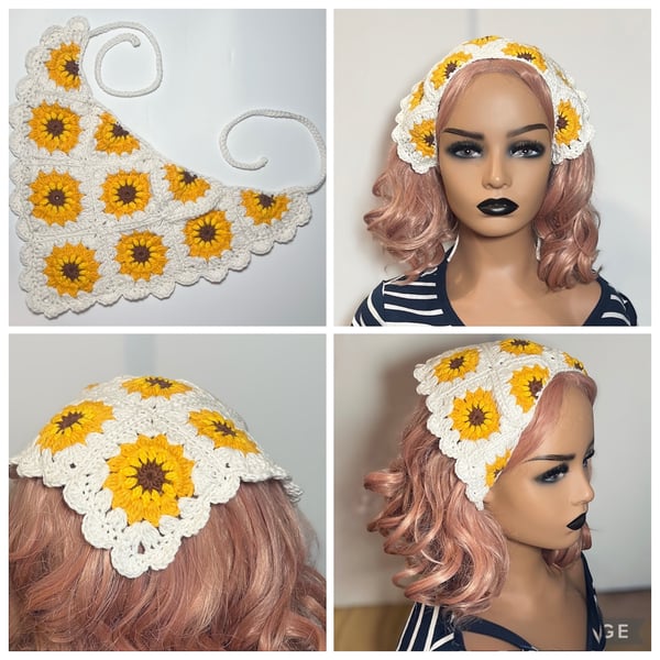 Handmade 100% Cotton Sunflower Crochet Bandana - Boho Granny Square Hair Scarf