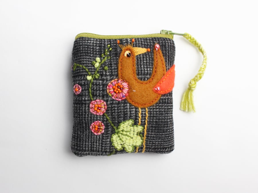Prince of Wales check coin purse with hand embroidered bird and hollyhock