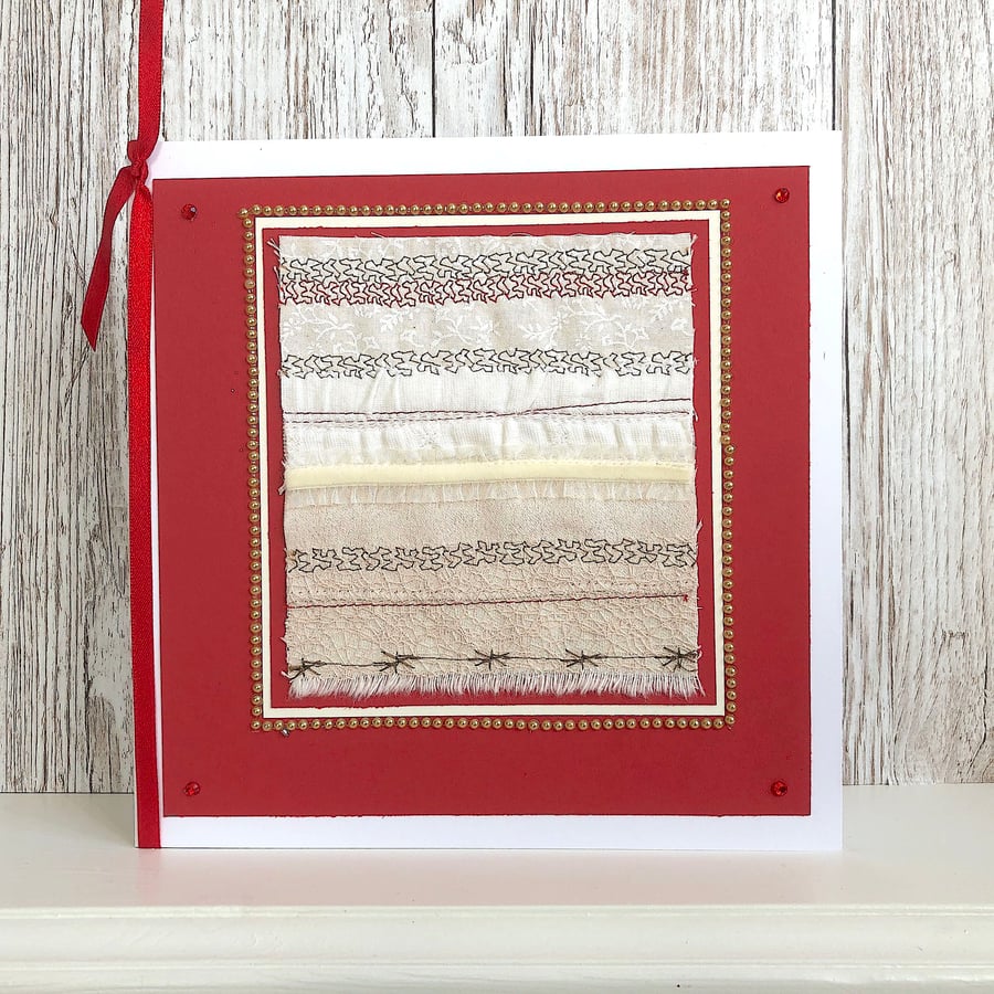 Handmade birthday card - textile ruby 40th birthday or anniversary