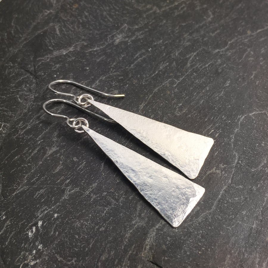 Fine silver long triangle drop earrings