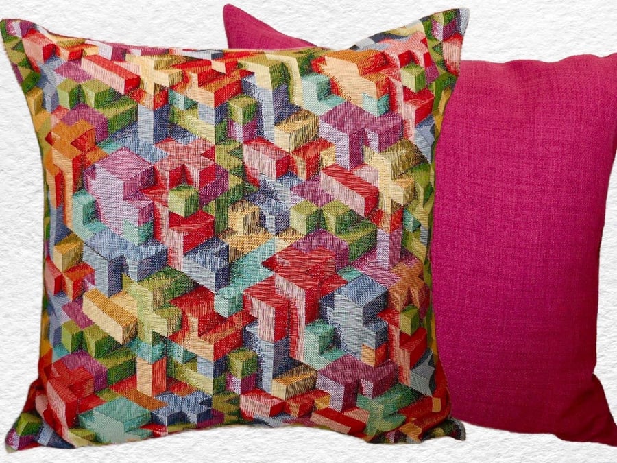 Cushion Cover: Tapestry Blocks design Pink reverse 17” (43cm)