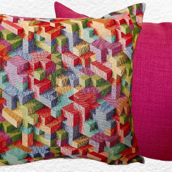 Scatter Cushion: Tapestry Blocks design Pink reverse 17” (43cm)