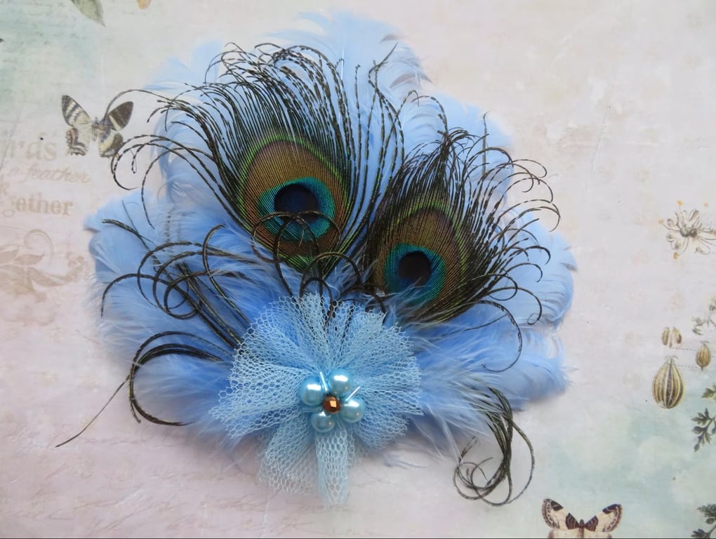 Pale Sky Blue Peacock Feather Regency Style Headpiece Fascinator
