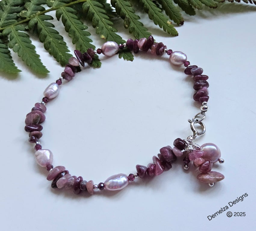 Designer Tourmaline & Rhodolite Garnet Freshwater Culture Pearl Bracelet 
