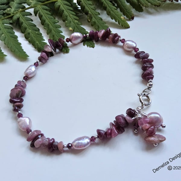 Designer Tourmaline & Rhodolite Garnet Freshwater Culture Pearl Bracelet 