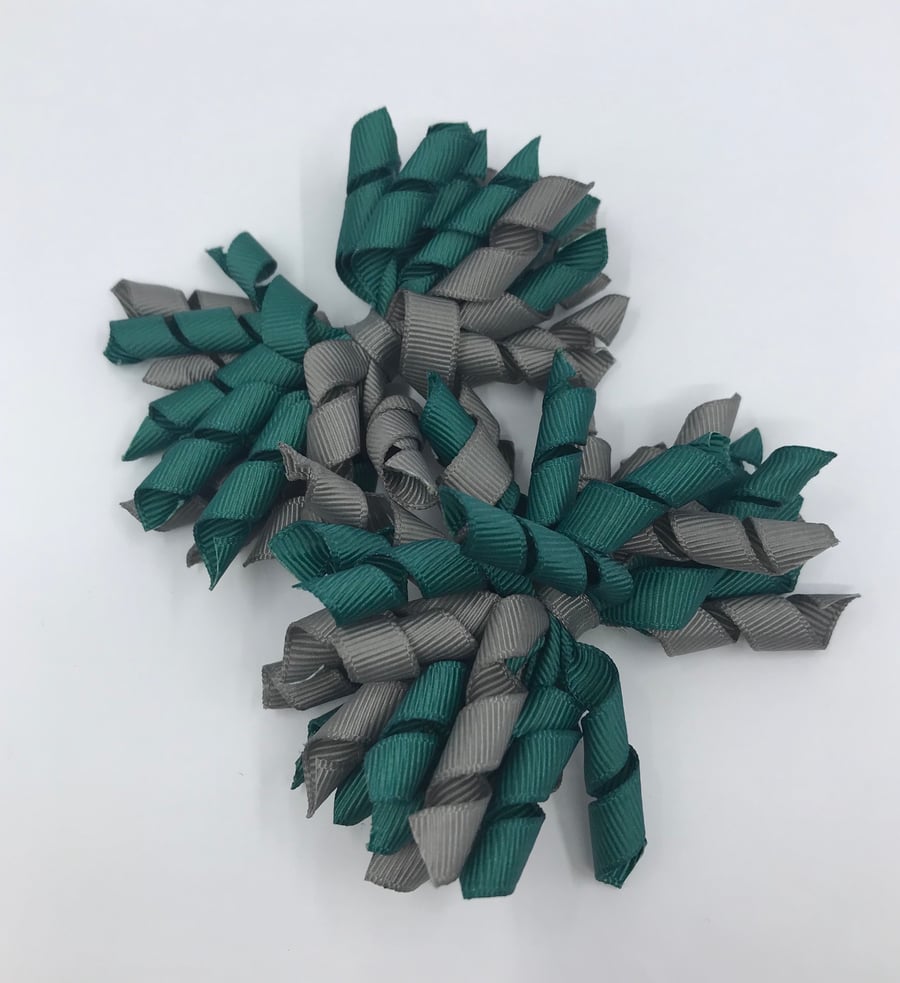 School 3 inch Hunter Green and Grey Curly Corkers on Clips (pair)