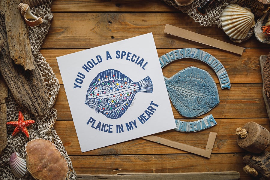You hold a special plaice in my heart - original linocut print - 10x10"