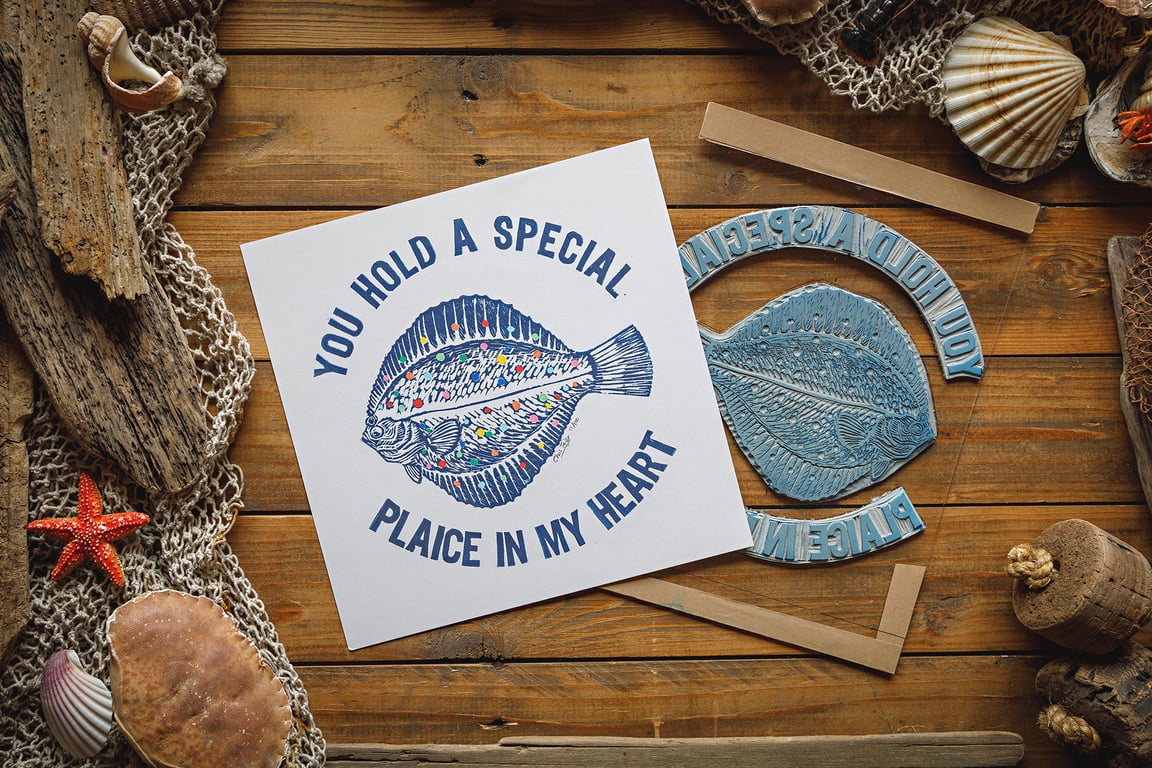 You hold a special plaice in my heart - original linocut print - 10x10"