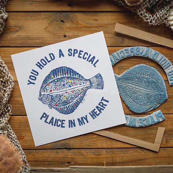 You hold a special plaice in my heart - original linocut print - 10x10"