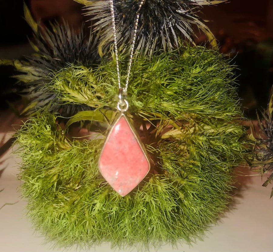Sterling Silver Natural Rhodochrosite pendant unusual kite shape 