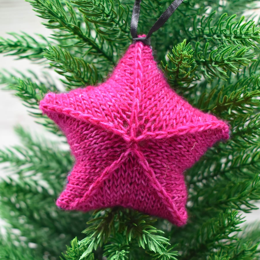 Hand knitted star - Plastic Free Christmas Decorations - Pink and Grey