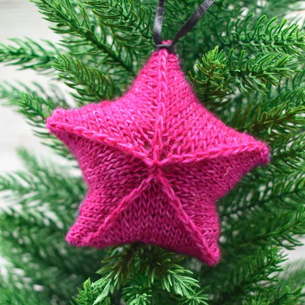 Hand knitted star - Plastic Free Christmas Decorations - Pink and Grey