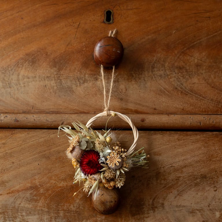 Mini dried flower handmade Strawflower and Eucalyptus festive wreath hanging