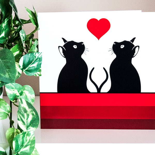 Graphic Cat and Heart Blank Greetings Card Love Cats Illustration 6 inch square 