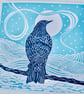 A freshly printed linocut card featuring a starling gazing at the moon - Image 1