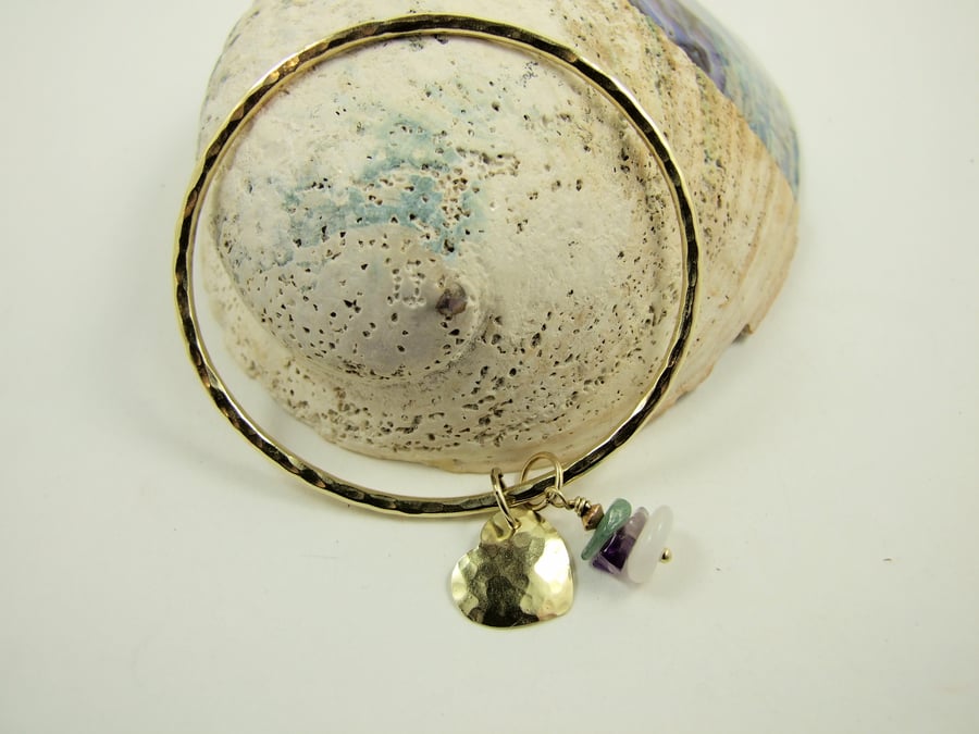 Brass Oval Bangle, with Heart Charm and Jade, Flourite & Aventurine Gemstones