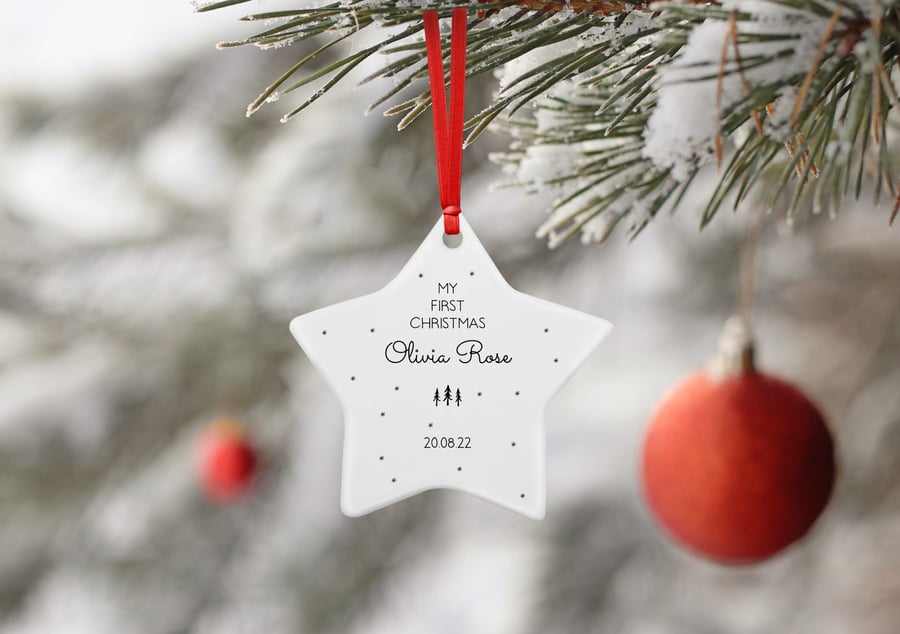 Personalised Baby First Christmas Ceramic Star Christmas Decoration Ornament