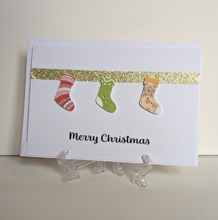 Merry Christmas card with button stockings