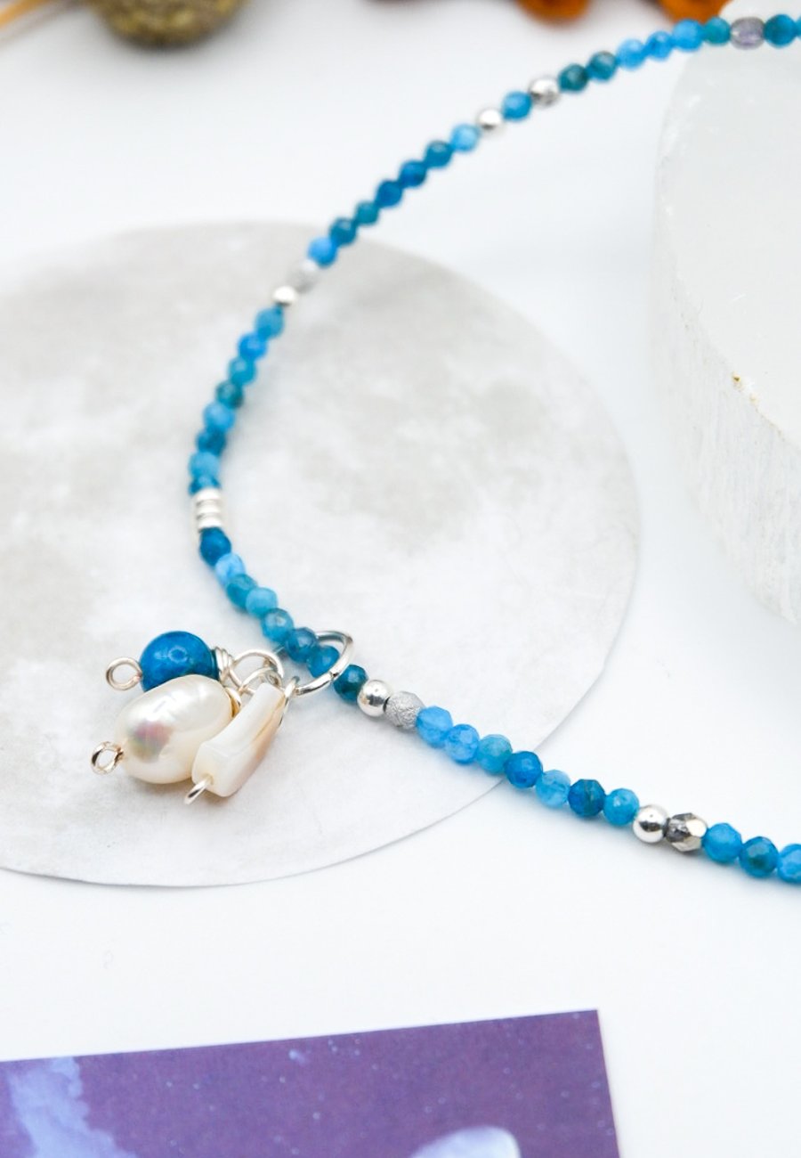 Neon Blue Apatite Gemstone Beaded Celestial Pearl Necklace, Wedding Gift 