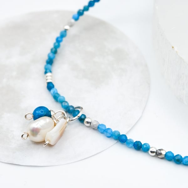 Neon Blue Apatite Gemstone Beaded Celestial Pearl Necklace, Wedding Gift 