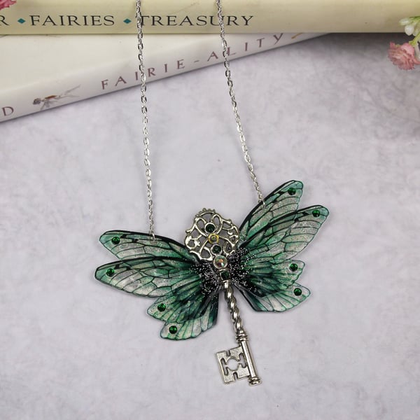 Beautiful Deep Emerald Green Sparkle Fairy Wing Key Pendant - Cicada Butterfly 