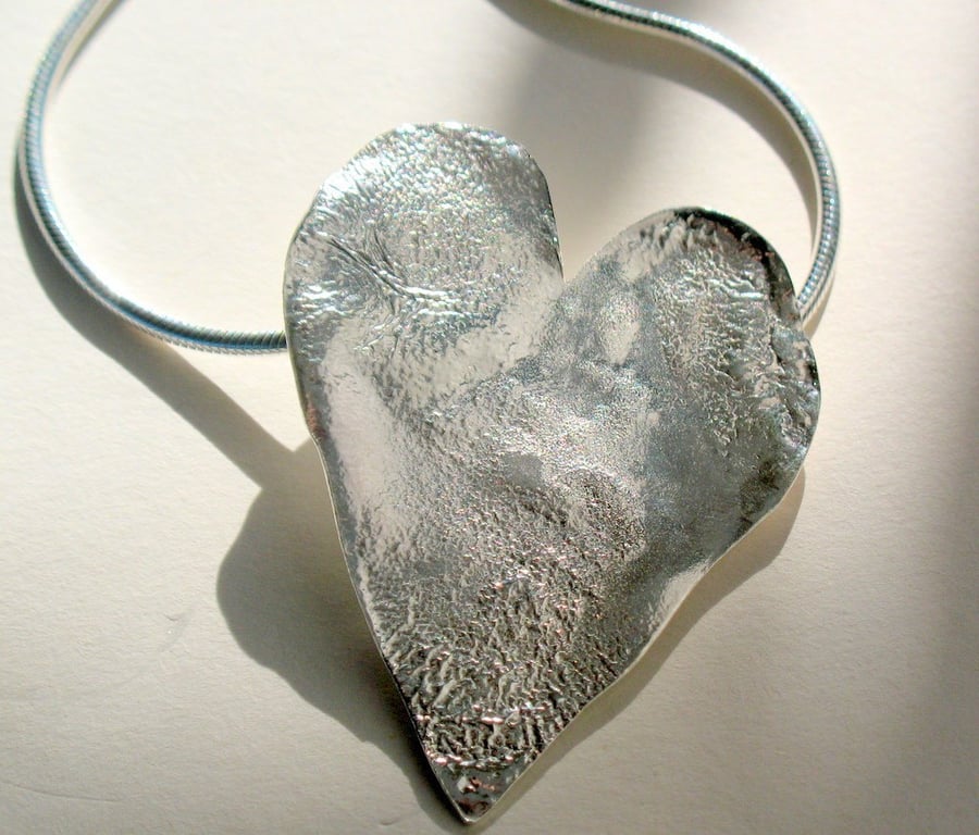 Big and bold battered Sterling Silver heart pendant