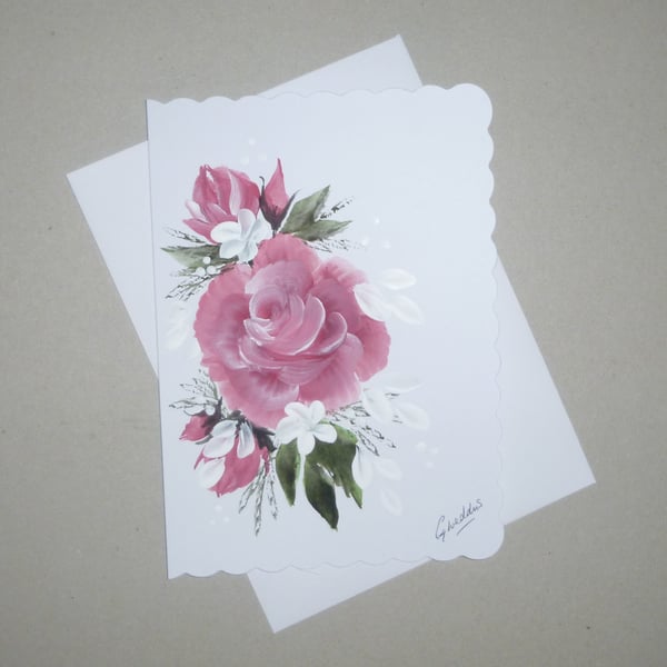 hand painted rose floral blank greetings card ( ref FA164 B2 )