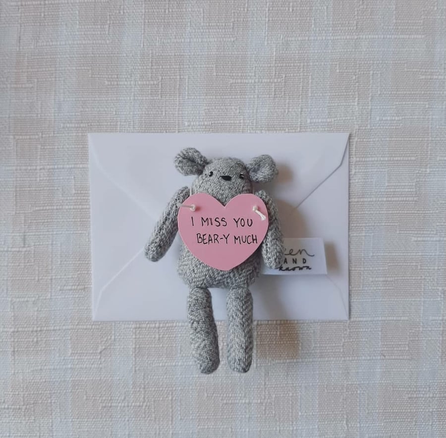 Small Pocket Grey Bear holding Note, I Miss You, Gift