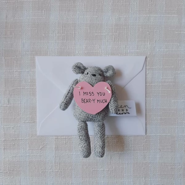 Small Pocket Grey Bear holding Note, I Miss You, Gift