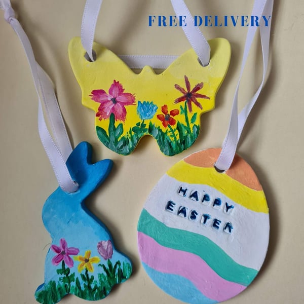 Set of three clay easter tree decorations easter gift home decor