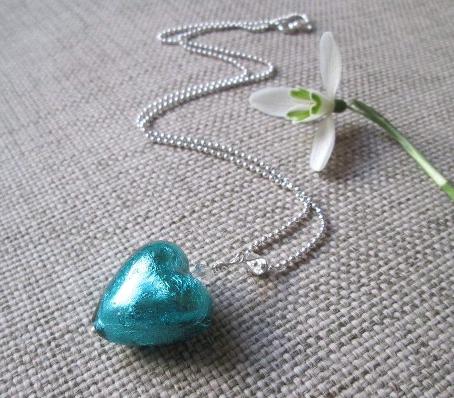Murano Glass Heart Pendant Necklace, Aqua Blue, with Swarovski crystal