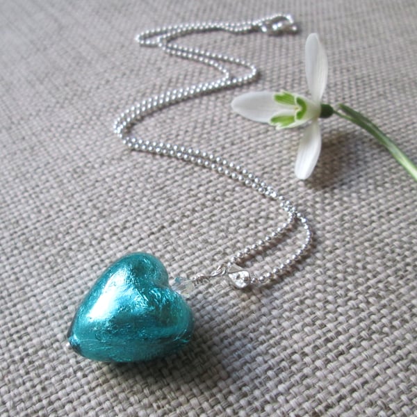 Murano Glass Heart Pendant Necklace, Aqua Blue, with Swarovski crystal